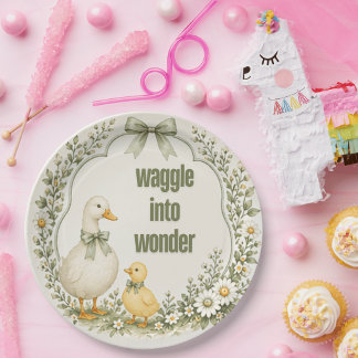 Bearbeitbares Sage-Grün Florales Vintage-Enten-The Pappteller