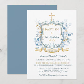 Bearbeitbares Tauf Blau und Gold Monogramm Einladung