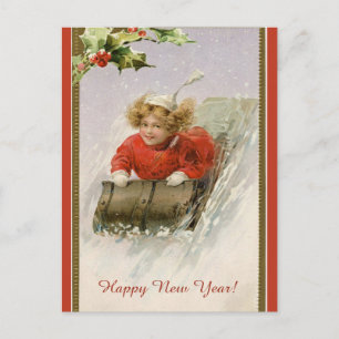 Bearbeitbares Vintage Mädchen Schlittenfahren Froh Postkarte