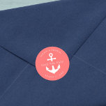 Bearbeiten des Hintergrundfarbanchors Save the Dat Runder Aufkleber<br><div class="desc">Dieser nautisch Save the Date Hochzeitsaufkleber verfügt über einen weißen Anker in einer bearbeitbaren Hintergrundfarbe; um ihn von der Koralle in die Farbe Ihrer Wahl zu ändern, klicken Sie auf die Schaltfläche Anpassen. Karo hier zu den passenden Hochzeitsartikeln https://www.zazzle.com/collections/editable_color_nautical_anchor_wedding_2-119876283767110974?rf=238364477188679314&tc=rc . Personalisieren Sie es, indem Sie den Platzhalter-Text ersetzen. Für weitere...</div>