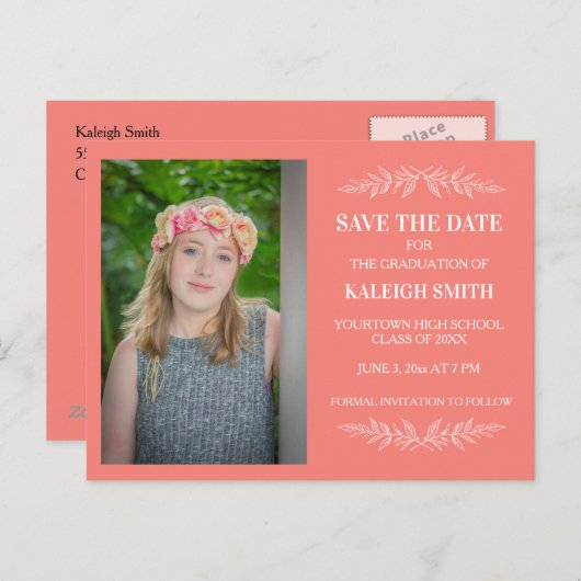 Bearbeiten von Farbkorallen Grad Rett Datum w/ Blä Ankündigungspostkarte (Vorne/Hinten)