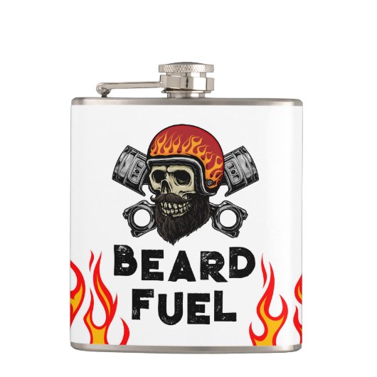 BEARD FUEL Funny Men Skull & Flames Joke Geschenk Flachmann (Vorderseite)