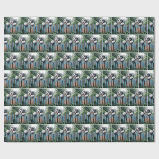 Bearded Collie auf einem Shabby-Zaun Geschenkpapier (Flach)