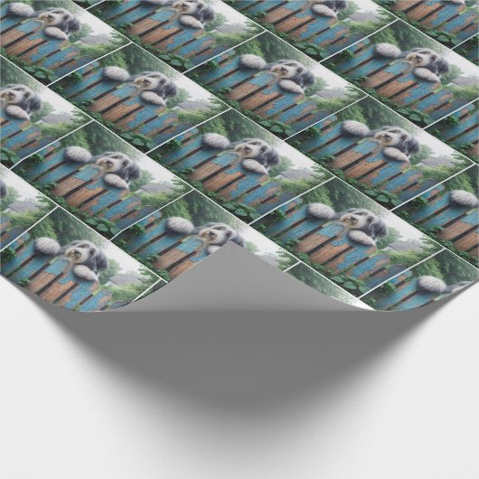 Bearded Collie auf einem Shabby-Zaun Geschenkpapier (Ecke)