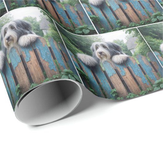 Bearded Collie auf einem Shabby-Zaun Geschenkpapier (Rolleneckpunkt)