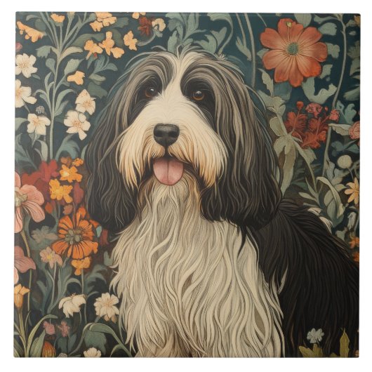 Bearded Collie im William Morris Stil Fliese (Vorderseite)