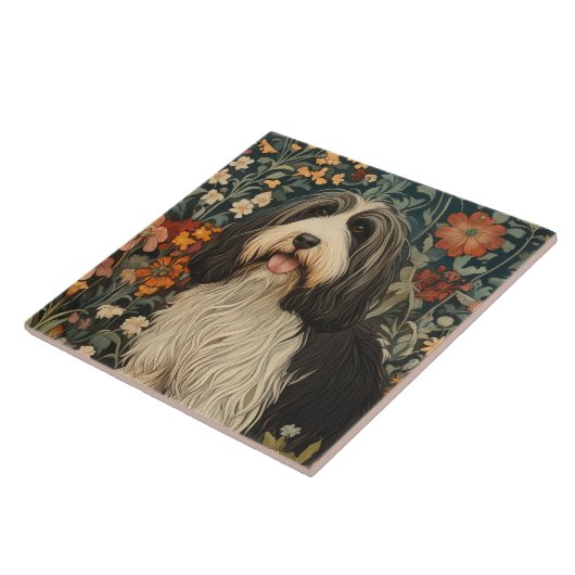Bearded Collie im William Morris Stil Fliese (Seite)