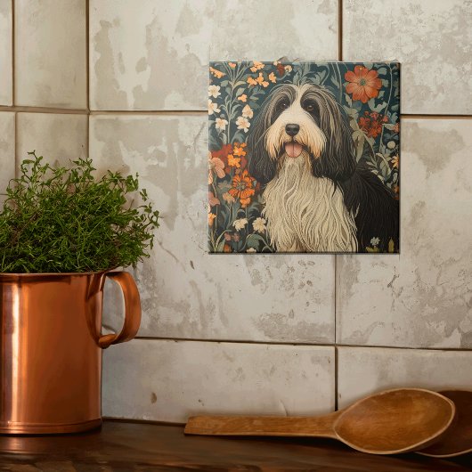 Bearded Collie im William Morris Stil Fliese