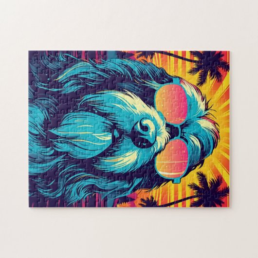 Bearded Collie mit Sonnenbrille am Strand Puzzle (Horizontal)