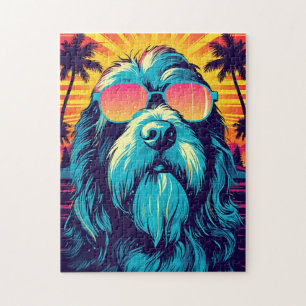 Bearded Collie mit Sonnenbrille am Strand Puzzle