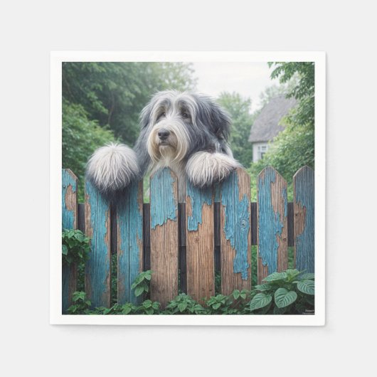 Bearded Collie Pinkeln über den alten Zaun Serviette (Vorderseite)