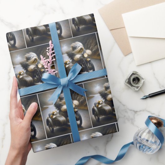 Bearded Collie Reiten an einem Motorrad Geschenkpapier (Schenken)