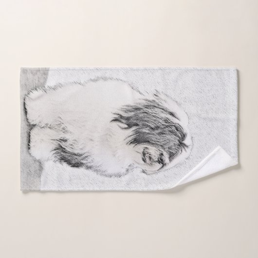 Bearded Collie Zeichnend - Niedliche Original Hund Badhandtuch Set (Handtuch)