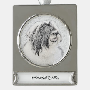 Bearded Collie Zeichnend - Niedliche Original Hund Banner-Ornament Silber