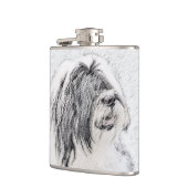 Bearded Collie Zeichnend - Niedliche Original Hund Flachmann (Links)