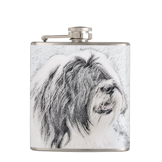 Bearded Collie Zeichnend - Niedliche Original Hund Flachmann (Vorderseite)
