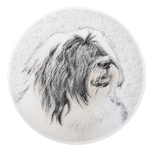 Bearded Collie Zeichnend - Niedliche Original Hund Keramikknauf (Vorderseite)