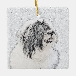 Bearded Collie Zeichnend - Niedliche Original Hund Keramikornament