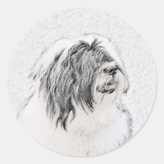 Bearded Collie Zeichnend - Niedliche Original Hund Runder Aufkleber (Vorderseite)