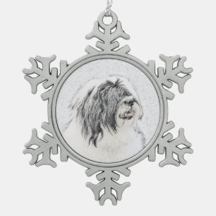 Bearded Collie Zeichnend - Niedliche Original Hund Schneeflocken Zinn-Ornament