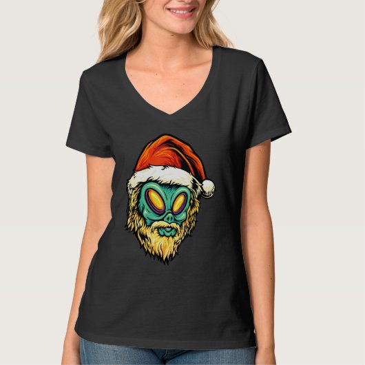 Bearded Santa Claus Alien Head Ufo Lovers Christma T-Shirt (Vorderseite)