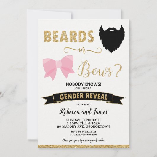 Beards oder Bows Gender Reveal Baby Shower Gold Einladung (Vorderseite)