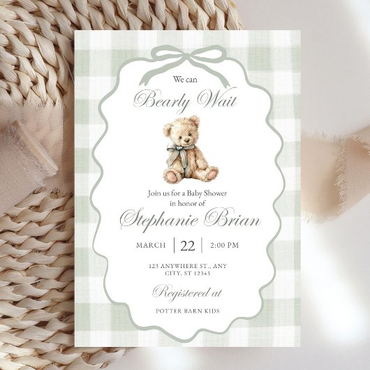 Bearly Baby Shower Invite Download Sage Green Ging Einladung