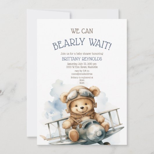 Bearly Wait Airplane Blue Baby Dusche Einladung (Vorderseite)