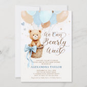 Bearly Wait Balloons Bow Blue Tan Boy Baby Dusche Einladung (Vorderseite)