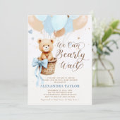 Bearly Wait Balloons Bow Blue Tan Boy Baby Dusche Einladung (Stehend Vorderseite)