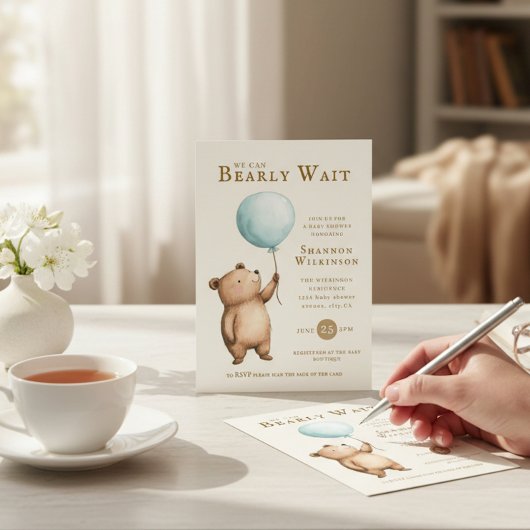 Bearly Wait blue Balloon Baby Shower QR Code Einladung