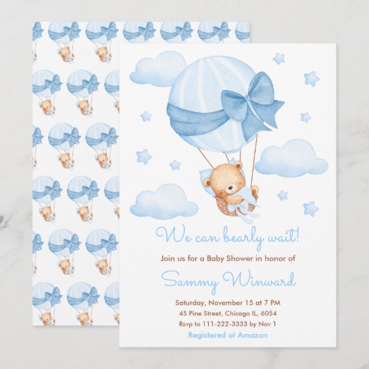 Bearly Wait Blue Balloon Boy Baby Dusche Einladung (Vorne/Hinten)