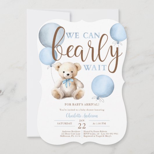 Bearly Wait Blue Balloon Teddy Bear Baby Dusche Einladung (Vorderseite)