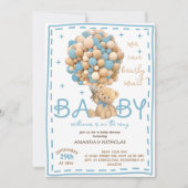 Bearly Wait Blue Bär Ballon Babydusche Einladung (Vorderseite)