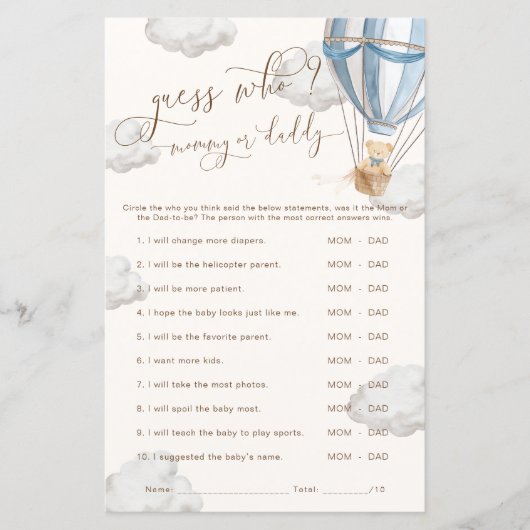 Bearly Wait Blue Rate Mal Baby Shower Spiel (Vorderseite)