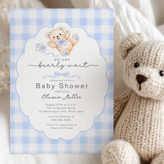 Bearly Wait Blue Teddy Bear Baby Shower Invite Einladung