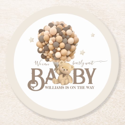 Bearly Wait Boho Ballon Neutral Baby Dusche Runder Pappuntersetzer (Vorderseite)