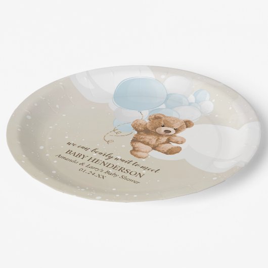 Bearly Wait Dusty Blue Teddy Bear Napkins Pappteller (Schrägansicht)