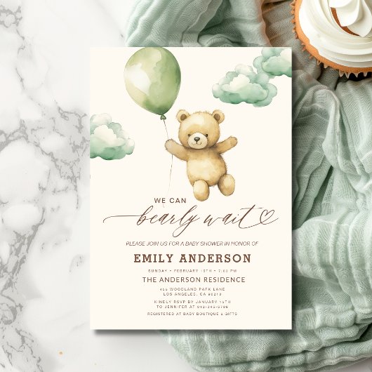 Bearly Wait Gender Neutral Green Baby Shower Einladung