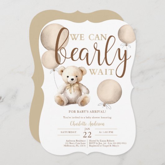 Bearly Wait Neutral Balloon Teddy Bear Baby Shower Einladung (Vorne/Hinten)