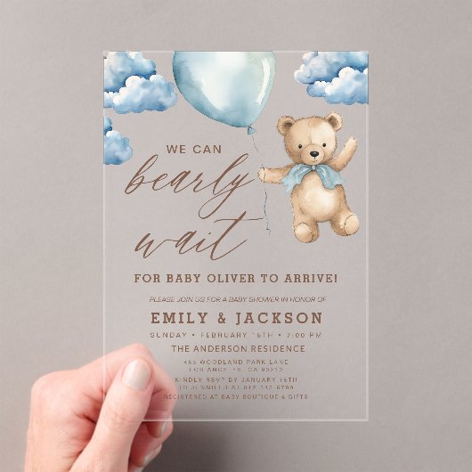 Bearly Wait Neutral Beige & Blue Boy Baby Shower Acryleinladungen (Insitu (Handheld))