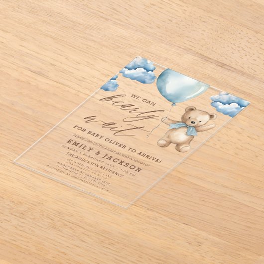 Bearly Wait Neutral Beige & Blue Boy Baby Shower Acryleinladungen (Ablage )