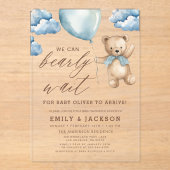 Bearly Wait Neutral Beige & Blue Boy Baby Shower Acryleinladungen (Vorderseite)