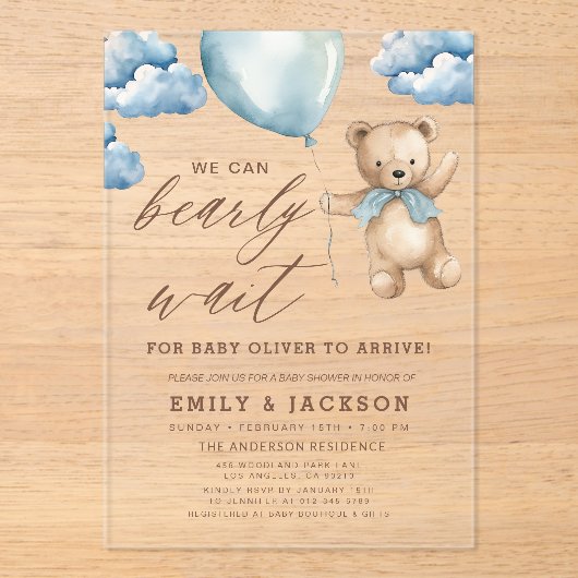 Bearly Wait Neutral Beige & Blue Boy Baby Shower Acryleinladungen (Vorderseite)
