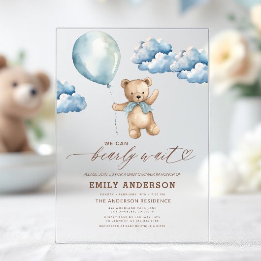 Bearly Wait Neutral Beige & Blue Boy Baby Shower Acryleinladungen