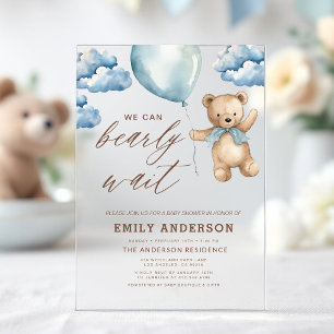 Bearly Wait Neutral Beige & Blue Boy Baby Shower Acryleinladungen