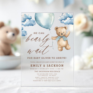 Bearly Wait Neutral Beige & Blue Boy Baby Shower Acryleinladungen