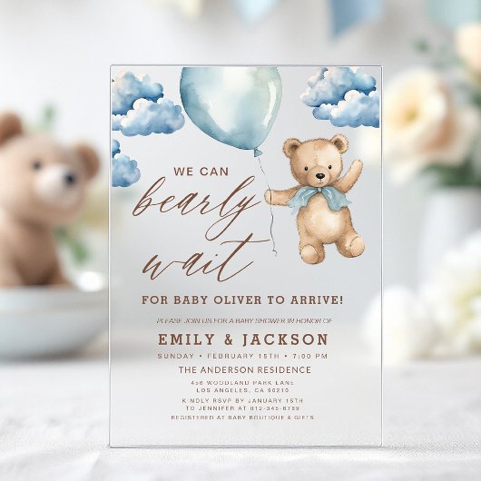 Bearly Wait Neutral Beige & Blue Boy Baby Shower Acryleinladungen