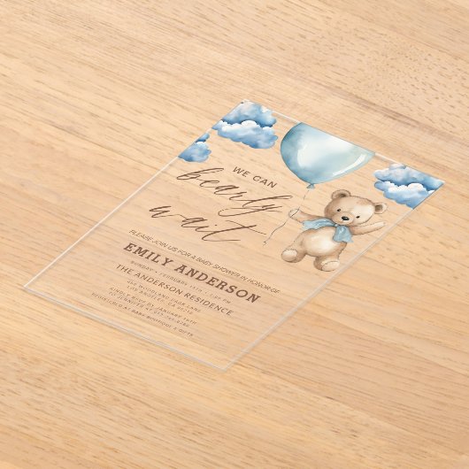 Bearly Wait Neutral Beige & Blue Boy Baby Shower Acryleinladungen (Ablage )