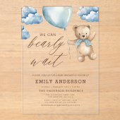Bearly Wait Neutral Beige & Blue Boy Baby Shower Acryleinladungen (Vorderseite)